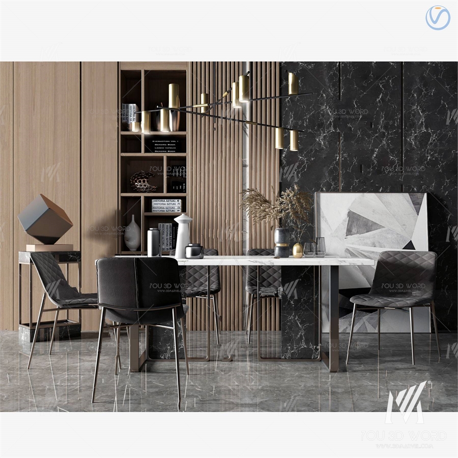 Modern marble dining table and chair combination 3d model